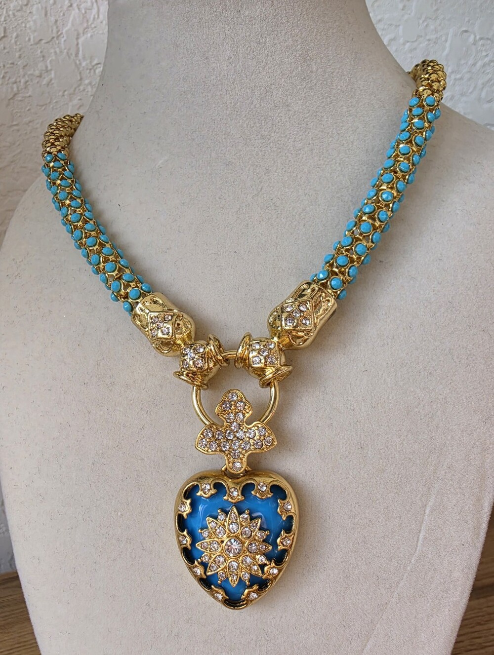 Vintage Gold & Turquoise Enamel Heart Pendant Necklace | Crystal Cross Medallion